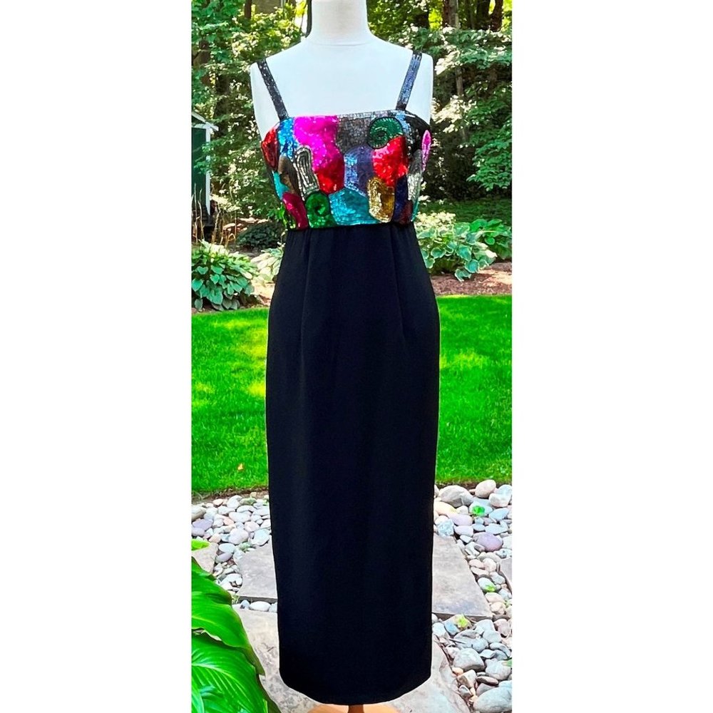 Vintage AJ BARI Sequin Spaghetti Strap Formal Size 6 Evening Dress Multi Color